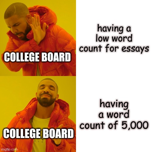 Ap classes | having a low word count for essays; COLLEGE BOARD; having a word count of 5,000; COLLEGE BOARD | image tagged in memes,drake hotline bling | made w/ Imgflip meme maker