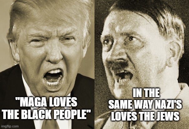 "Look at my African American over here" | IN THE SAME WAY NAZI'S LOVES THE JEWS; "MAGA LOVES THE BLACK PEOPLE" | image tagged in trump hitler | made w/ Imgflip meme maker