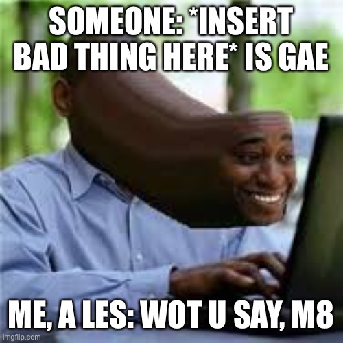 U WOT M8 | SOMEONE: *INSERT BAD THING HERE* IS GAE ME, A LES: WOT U SAY, M8 | image tagged in u wot m8 | made w/ Imgflip meme maker