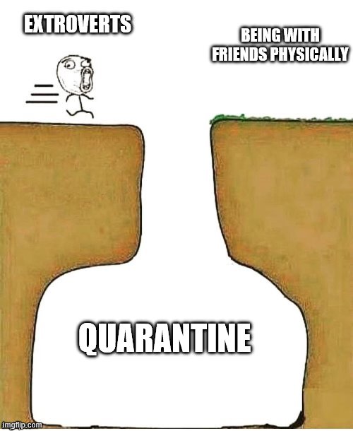 Rise Up Introverts | EXTROVERTS; BEING WITH FRIENDS PHYSICALLY; QUARANTINE | image tagged in derp guy running | made w/ Imgflip meme maker