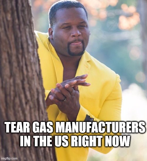 Black guy hiding behind tree | TEAR GAS MANUFACTURERS IN THE US RIGHT NOW | image tagged in black guy hiding behind tree,riots,tear gas | made w/ Imgflip meme maker
