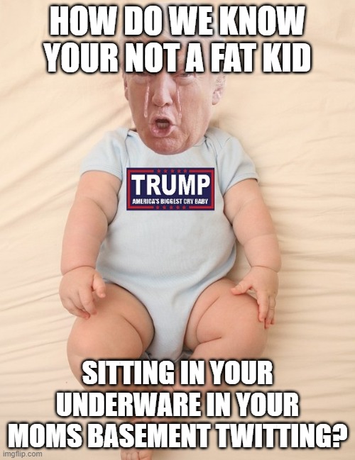 Crying Trump Baby | HOW DO WE KNOW YOUR NOT A FAT KID; SITTING IN YOUR UNDERWARE IN YOUR MOMS BASEMENT TWITTING? | image tagged in crying trump baby | made w/ Imgflip meme maker