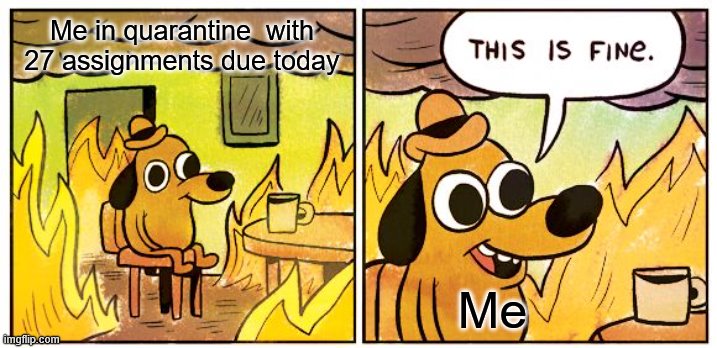 This Is Fine | Me in quarantine  with 27 assignments due today; Me | image tagged in memes,this is fine | made w/ Imgflip meme maker