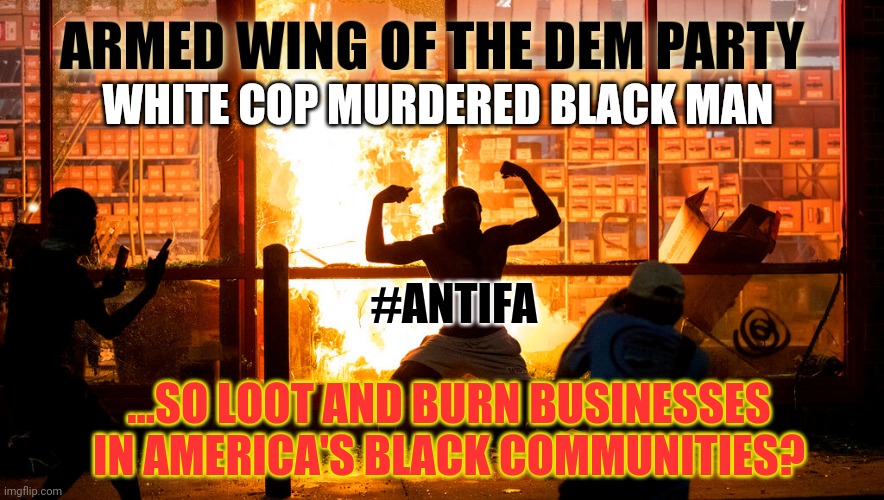 What's Wrong with this Picture? #ANTIFA AMERICA: Patriots do not see skin color. | WHITE COP MURDERED BLACK MAN; #ANTIFA; ...SO LOOT AND BURN BUSINESSES IN AMERICA'S BLACK COMMUNITIES? | image tagged in antifa,terrorism,looting,riots,patriots,the great awakening | made w/ Imgflip meme maker