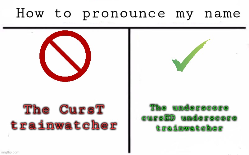 Actually it's the cursED trainwatcher | How to pronounce my name; The CursT trainwatcher; The underscore cursED underscore trainwatcher | image tagged in memes,who would win | made w/ Imgflip meme maker
