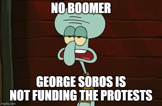 no patrick mayonnaise is not a instrument | NO BOOMER; GEORGE SOROS IS NOT FUNDING THE PROTESTS | image tagged in no patrick mayonnaise is not a instrument | made w/ Imgflip meme maker