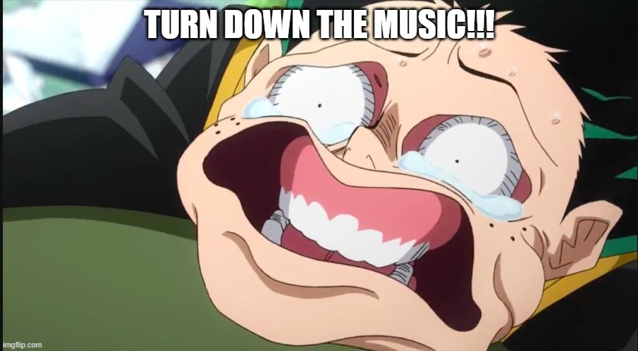 Deku Face | TURN DOWN THE MUSIC!!! | image tagged in deku face | made w/ Imgflip meme maker