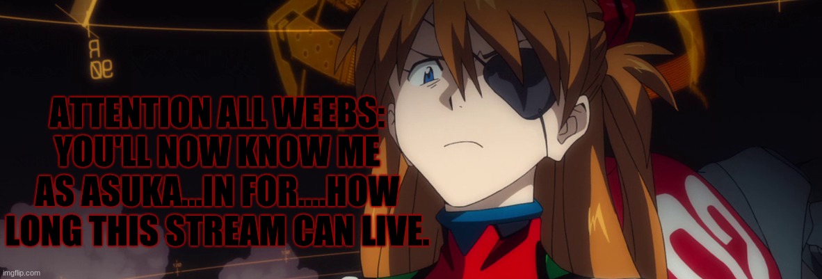 ATTENTION ALL WEEBS: YOU'LL NOW KNOW ME AS ASUKA...IN FOR....HOW LONG THIS STREAM CAN LIVE. | image tagged in neon genesis evangelion,bruh moment,ironic,weebs | made w/ Imgflip meme maker