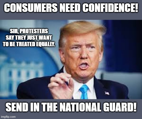 CONSUMERS NEED CONFIDENCE! SIR, PROTESTERS SAY THEY JUST WANT TO BE TREATED EQUALLY. SEND IN THE NATIONAL GUARD! | made w/ Imgflip meme maker