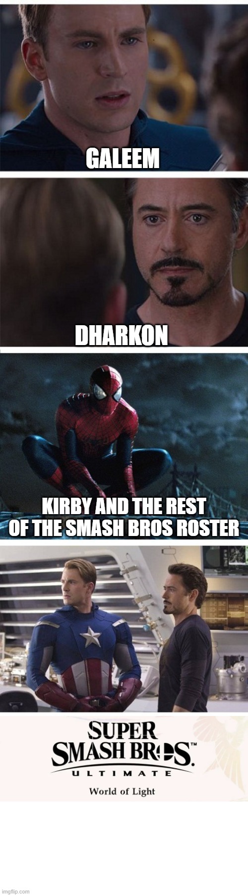 World of light in a nutshell..... | GALEEM; DHARKON; KIRBY AND THE REST OF THE SMASH BROS ROSTER | image tagged in civil war meme with spider-man,super smash bros | made w/ Imgflip meme maker