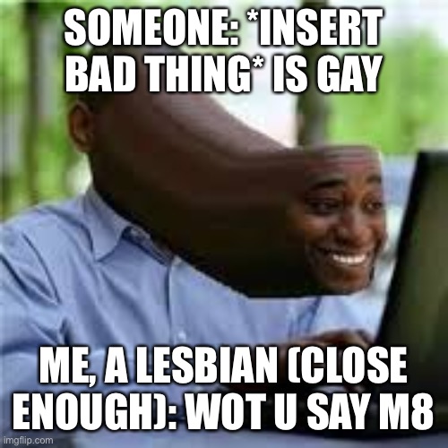 It’s very offensive tbh | SOMEONE: *INSERT BAD THING* IS GAY; ME, A LESBIAN (CLOSE ENOUGH): WOT U SAY M8 | image tagged in u wot m8 | made w/ Imgflip meme maker