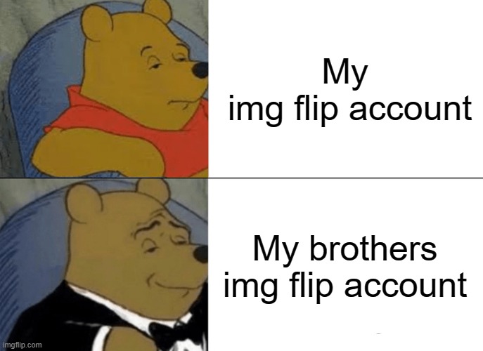 This is very true!!! | My
 img flip account; My brothers
img flip account | image tagged in memes,tuxedo winnie the pooh,funny | made w/ Imgflip meme maker