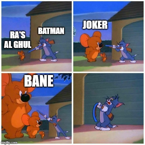 The Dark Knight Trilogy villains scare Batman | JOKER; BATMAN; RA'S AL GHUL; BANE | image tagged in jumbo jerry | made w/ Imgflip meme maker