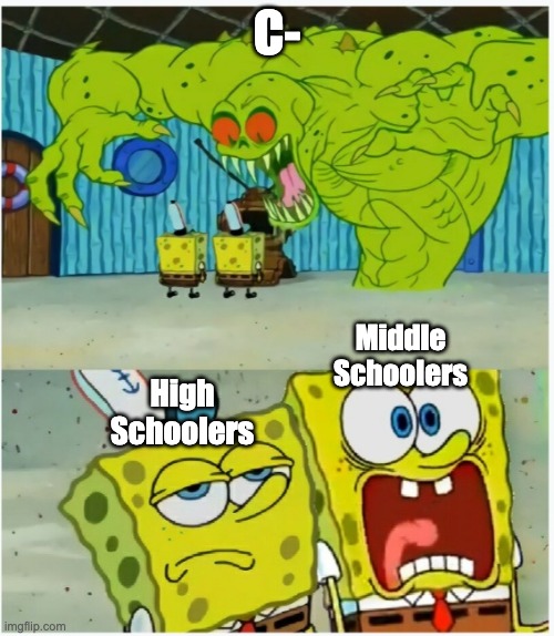 SpongeBob SquarePants scared but also not scared | C-; Middle Schoolers; High Schoolers | image tagged in spongebob squarepants scared but also not scared | made w/ Imgflip meme maker