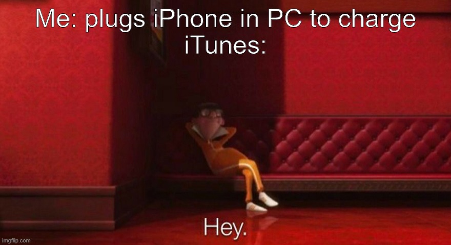 itunes lol | Me: plugs iPhone in PC to charge
iTunes: | image tagged in hey | made w/ Imgflip meme maker