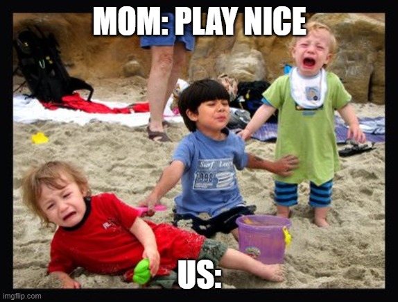 Play Nice | MOM: PLAY NICE; US: | image tagged in play nice,funny kids | made w/ Imgflip meme maker