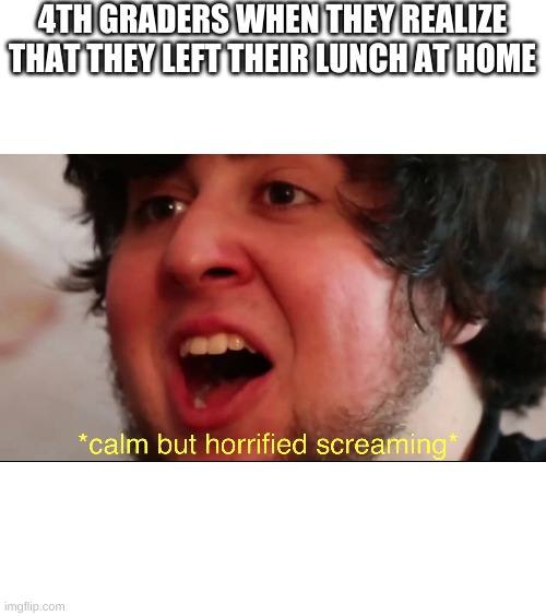 Jon tron calm but horrified screaming | 4TH GRADERS WHEN THEY REALIZE THAT THEY LEFT THEIR LUNCH AT HOME | image tagged in jon tron calm but horrified screaming | made w/ Imgflip meme maker
