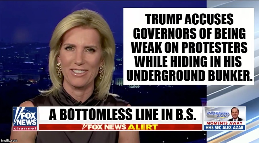 Trump's sense of irony is as erratic as everything else about him. Do as I say, don't do as I do. | TRUMP ACCUSES GOVERNORS OF BEING WEAK ON PROTESTERS WHILE HIDING IN HIS 
UNDERGROUND BUNKER. A BOTTOMLESS LINE IN B.S. | image tagged in laura ingraham is a blank,trump,coward,hide,bullshit | made w/ Imgflip meme maker