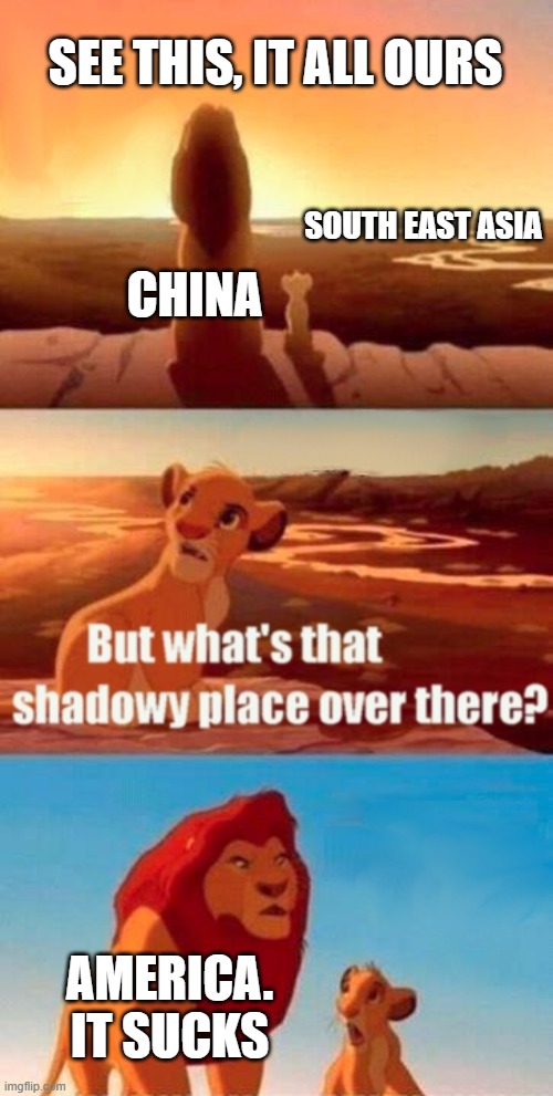 Simba Shadowy Place | SEE THIS, IT ALL OURS; CHINA; SOUTH EAST ASIA; AMERICA. IT SUCKS | image tagged in memes,simba shadowy place | made w/ Imgflip meme maker