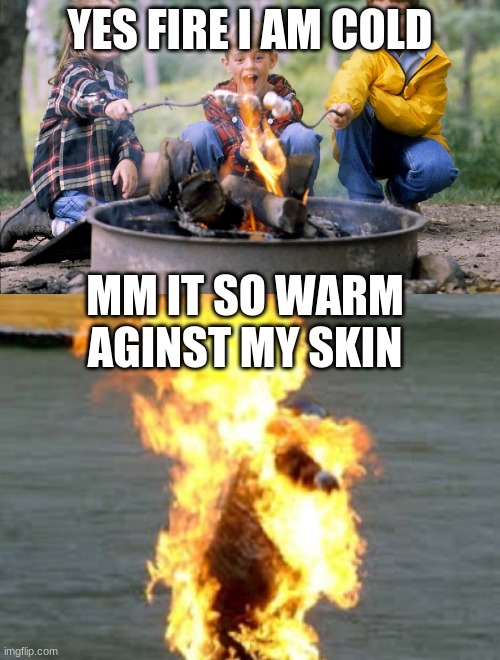 warm on my skin | YES FIRE I AM COLD; MM IT SO WARM AGINST MY SKIN | image tagged in funny fire | made w/ Imgflip meme maker