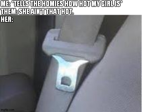 hot seatbelt buckle | ME: *TELLS THE HOMIES HOW HOT MY GIRL IS*
THEM: SHE AIN'T THAT HOT.
HER: | image tagged in hot seatbelt buckle | made w/ Imgflip meme maker