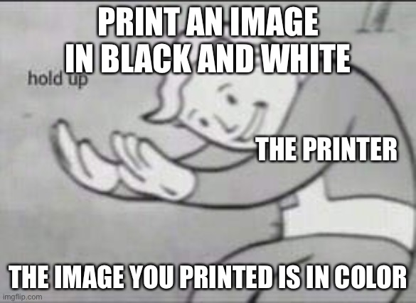 Fallout Hold Up | PRINT AN IMAGE IN BLACK AND WHITE; THE PRINTER; THE IMAGE YOU PRINTED IS IN COLOR | image tagged in fallout hold up | made w/ Imgflip meme maker