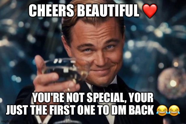 Angry wife | CHEERS BEAUTIFUL ❤️; YOU'RE NOT SPECIAL, YOUR JUST THE FIRST ONE TO DM BACK 😂😂 | image tagged in memes,leonardo dicaprio cheers | made w/ Imgflip meme maker