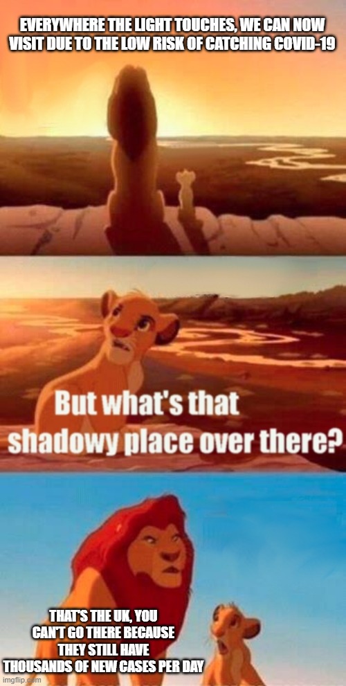 Unless you want to spend your holiday in quarantine? | EVERYWHERE THE LIGHT TOUCHES, WE CAN NOW VISIT DUE TO THE LOW RISK OF CATCHING COVID-19; THAT'S THE UK, YOU CAN'T GO THERE BECAUSE THEY STILL HAVE THOUSANDS OF NEW CASES PER DAY | image tagged in memes,simba shadowy place | made w/ Imgflip meme maker