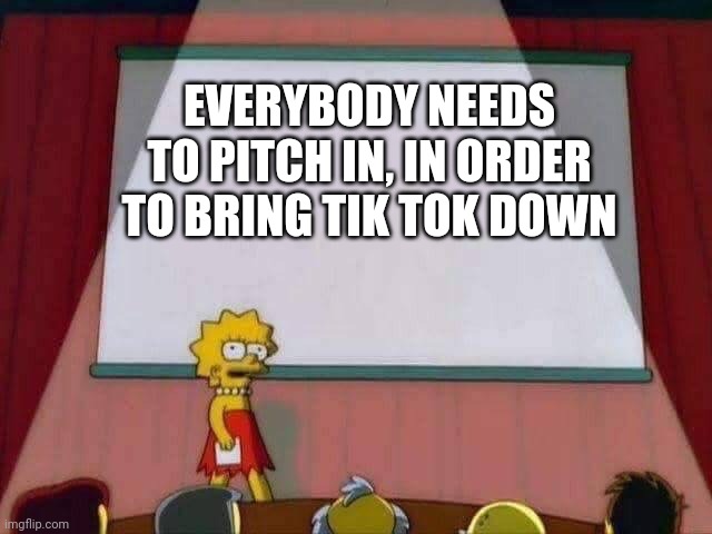 This Is Serious | EVERYBODY NEEDS TO PITCH IN, IN ORDER TO BRING TIK TOK DOWN | image tagged in lisa simpson speech | made w/ Imgflip meme maker