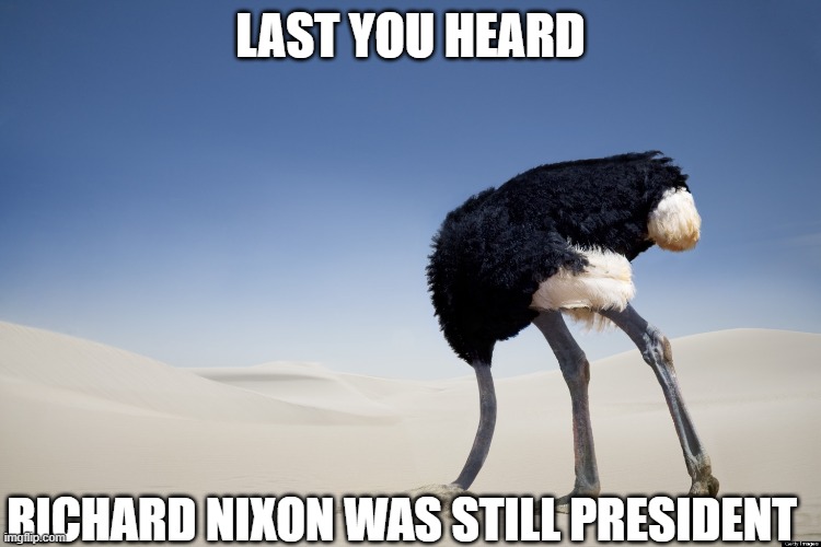 Ostrich head in sand | LAST YOU HEARD RICHARD NIXON WAS STILL PRESIDENT | image tagged in ostrich head in sand | made w/ Imgflip meme maker