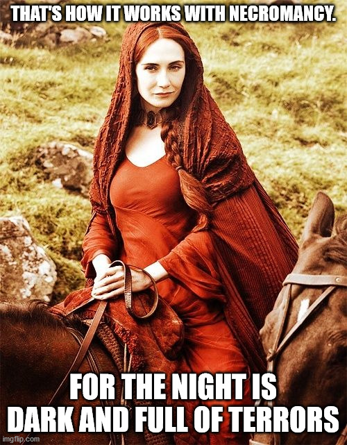 Red witch | THAT'S HOW IT WORKS WITH NECROMANCY. FOR THE NIGHT IS DARK AND FULL OF TERRORS | image tagged in red witch | made w/ Imgflip meme maker