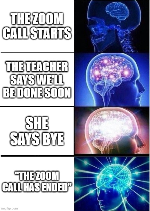 the zoom call | THE ZOOM CALL STARTS; THE TEACHER SAYS WE'LL BE DONE SOON; SHE SAYS BYE; "THE ZOOM CALL HAS ENDED" | image tagged in memes,expanding brain | made w/ Imgflip meme maker