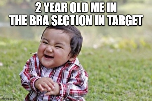 Evil Toddler Meme | 2 YEAR OLD ME IN THE BRA SECTION IN TARGET | image tagged in memes,evil toddler | made w/ Imgflip meme maker