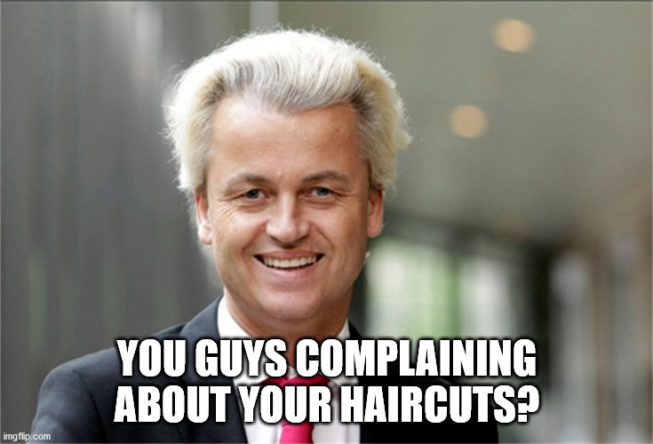 Geert wilders dat gaan we regelen | YOU GUYS COMPLAINING ABOUT YOUR HAIRCUTS? | image tagged in geert wilders dat gaan we regelen | made w/ Imgflip meme maker