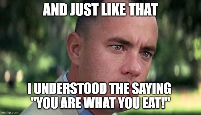 Forest Gump | AND JUST LIKE THAT I UNDERSTOOD THE SAYING 
"YOU ARE WHAT YOU EAT!" | image tagged in forest gump | made w/ Imgflip meme maker