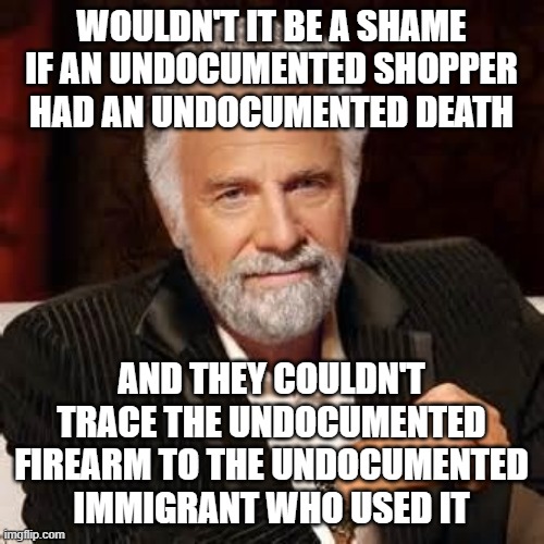 Dos Equis Guy Awesome | WOULDN'T IT BE A SHAME IF AN UNDOCUMENTED SHOPPER HAD AN UNDOCUMENTED DEATH AND THEY COULDN'T TRACE THE UNDOCUMENTED FIREARM TO THE UNDOCUME | image tagged in dos equis guy awesome | made w/ Imgflip meme maker