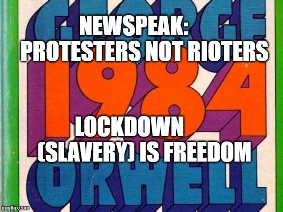 ingsoc:Newspeak 1984 | NEWSPEAK:      PROTESTERS NOT RIOTERS; LOCKDOWN        (SLAVERY) IS FREEDOM | image tagged in george orwell,lockdown,riots,protesters | made w/ Imgflip meme maker