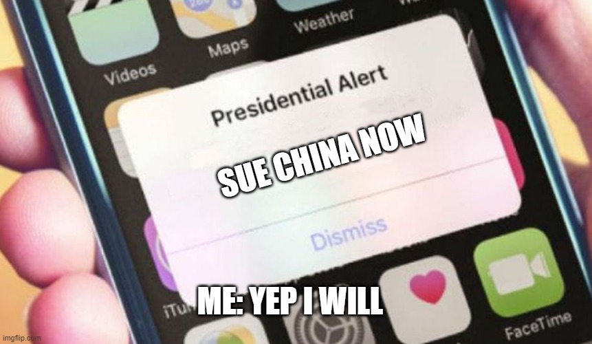 Presidential Alert | SUE CHINA NOW; ME: YEP I WILL | image tagged in memes,presidential alert | made w/ Imgflip meme maker