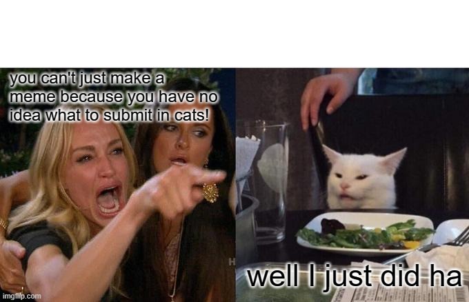 haha I have subitted something in cats | you can't just make a meme because you have no idea what to submit in cats! well I just did ha | image tagged in memes,woman yelling at cat,cats,cat,cheating,lol | made w/ Imgflip meme maker