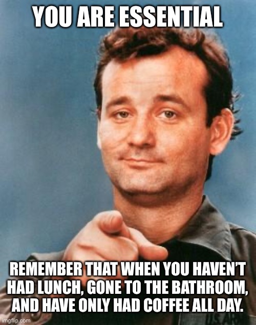 Bill Murray You're Awesome | YOU ARE ESSENTIAL; REMEMBER THAT WHEN YOU HAVEN’T HAD LUNCH, GONE TO THE BATHROOM, AND HAVE ONLY HAD COFFEE ALL DAY. | image tagged in bill murray you're awesome | made w/ Imgflip meme maker