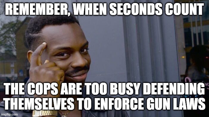 Roll Safe Think About It Meme | REMEMBER, WHEN SECONDS COUNT THE COPS ARE TOO BUSY DEFENDING THEMSELVES TO ENFORCE GUN LAWS | image tagged in memes,roll safe think about it | made w/ Imgflip meme maker