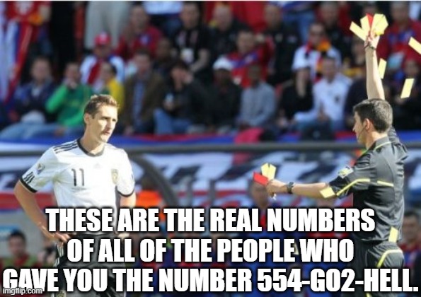 Asshole Ref | THESE ARE THE REAL NUMBERS OF ALL OF THE PEOPLE WHO GAVE YOU THE NUMBER 554-GO2-HELL. | image tagged in memes,asshole ref | made w/ Imgflip meme maker