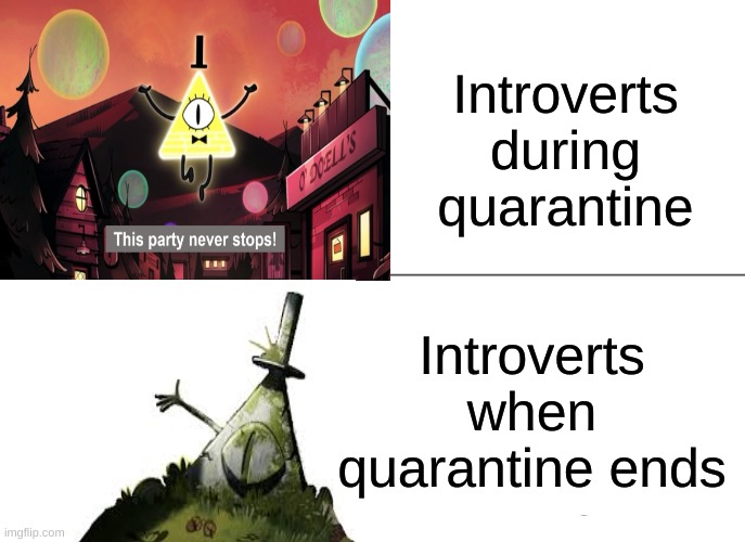 Introverts | Introverts during quarantine; Introverts when quarantine ends | image tagged in introverts,bill cipher | made w/ Imgflip meme maker