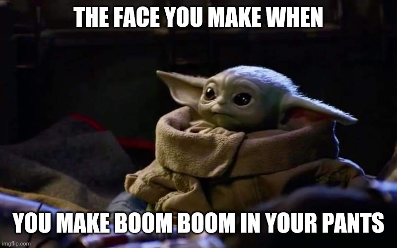 Baby yoda poops | THE FACE YOU MAKE WHEN; YOU MAKE BOOM BOOM IN YOUR PANTS | image tagged in baby yoda | made w/ Imgflip meme maker