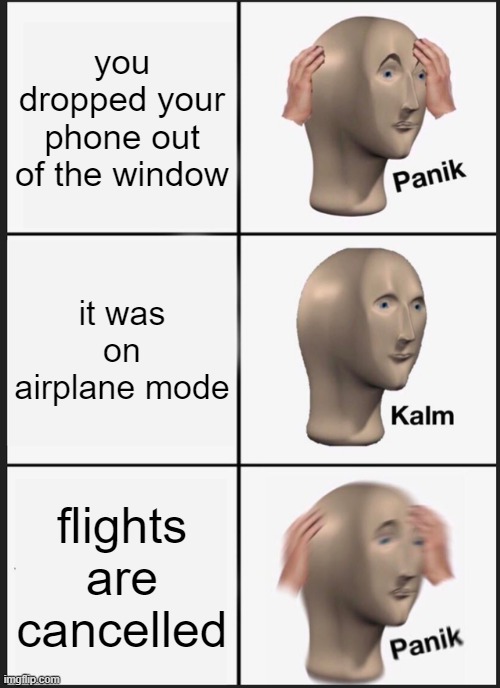 Panik Kalm Panik | you dropped your phone out of the window; it was on airplane mode; flights are cancelled | image tagged in memes,panik kalm panik | made w/ Imgflip meme maker