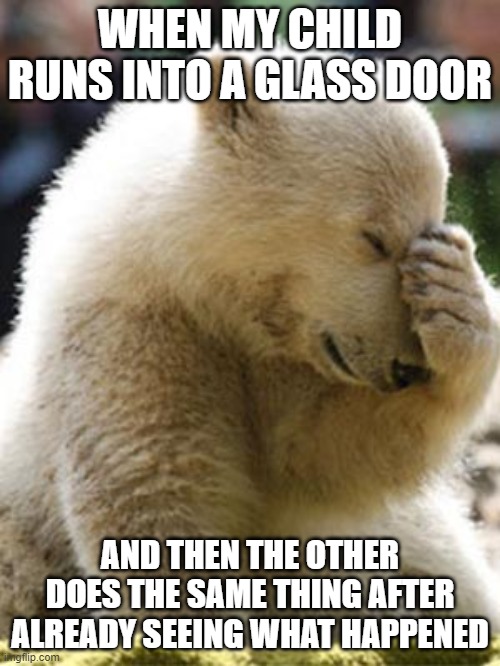 Facepalm Bear |  WHEN MY CHILD RUNS INTO A GLASS DOOR; AND THEN THE OTHER DOES THE SAME THING AFTER ALREADY SEEING WHAT HAPPENED | image tagged in memes,facepalm bear | made w/ Imgflip meme maker