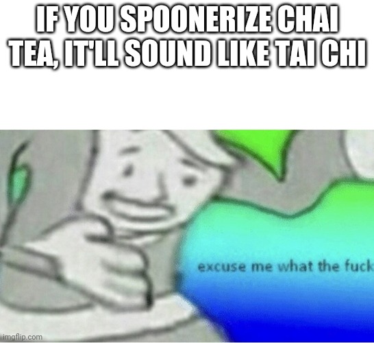 Spoonerism | IF YOU SPOONERIZE CHAI TEA, IT'LL SOUND LIKE TAI CHI | image tagged in excuse me wtf blank template | made w/ Imgflip meme maker