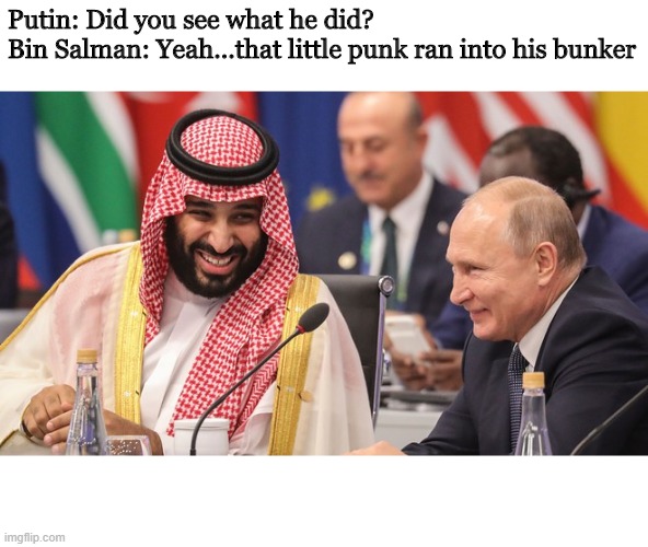 #BunkerBitch | Putin: Did you see what he did?
Bin Salman: Yeah...that little punk ran into his bunker | image tagged in donald trump | made w/ Imgflip meme maker