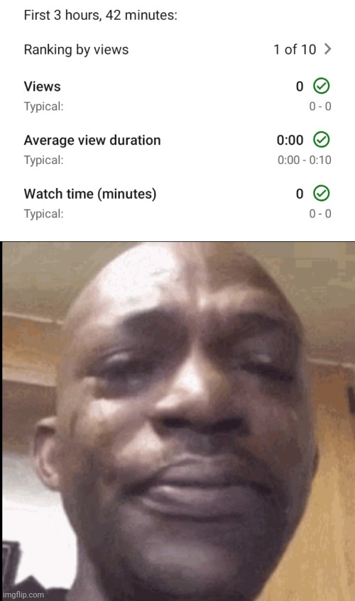 My channel's doing just great | image tagged in crying black dude,memes,youtube | made w/ Imgflip meme maker