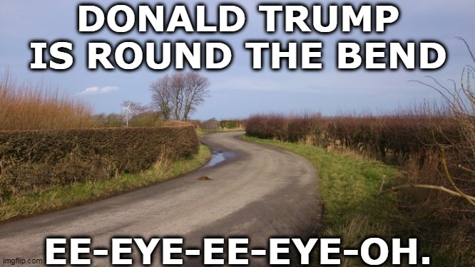 Everybody SING! | DONALD TRUMP IS ROUND THE BEND; EE-EYE-EE-EYE-OH. | image tagged in trump,crazy,nuts,insane | made w/ Imgflip meme maker